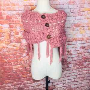 Vintage Handmade Mauve Crochet Fringy Chunky Sweater Wrap